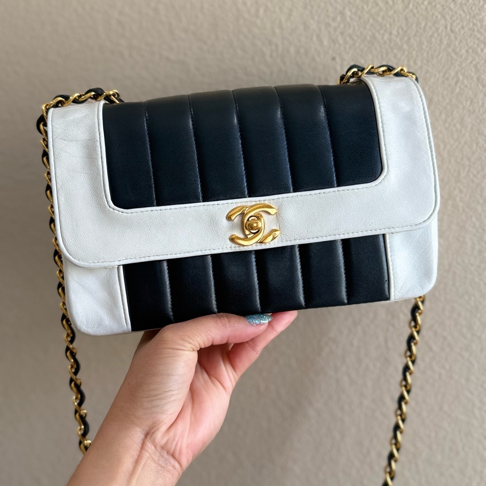 CHANEL Small Bi Color Hori Black and White Quilted Crossbody with Gold Chain